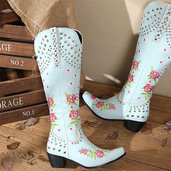 Women's Embroidered Studded High-Calf Mid-Heel Cowboy Boots 61919210C