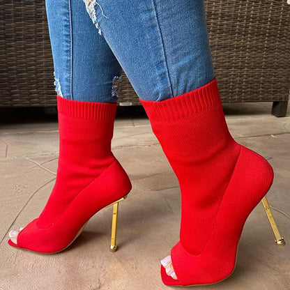 Peep Toe Knit Thin Heel Boots