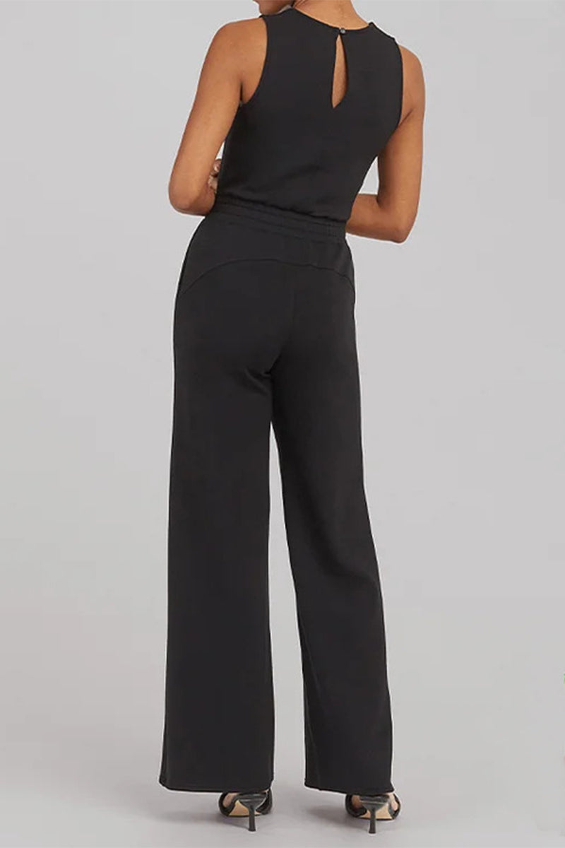 Casual Simplicity Solid Pocket O Neck Loose Jumpsuits