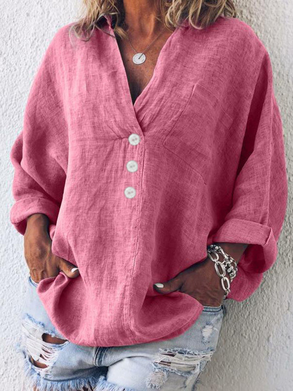 Women's V Neck Button Decorated Long Sleeve T-Shirt