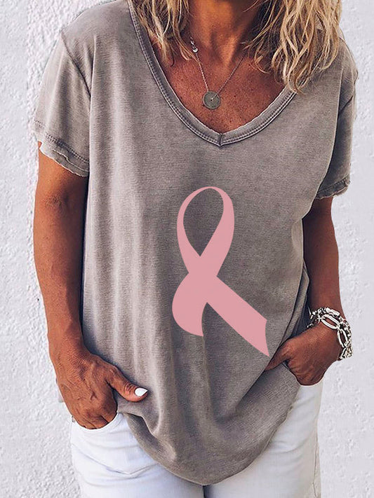 Pink Ribbon Print V-neck Short Sleeve T-shirt