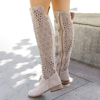Women's Comfortable Low Heel Embossed Side Zipper Over-the-Knee Boots 65114439C