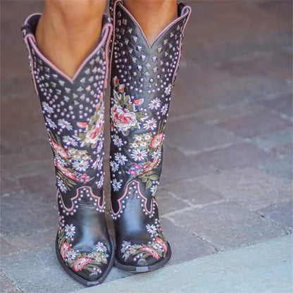 Women's Embroidered Studded High-Calf Mid-Heel Cowboy Boots 61919210C