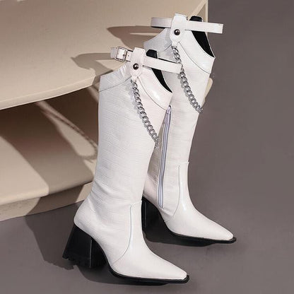 Women's Fashion Metal Chain Chunky Heel High Boots 33859209S