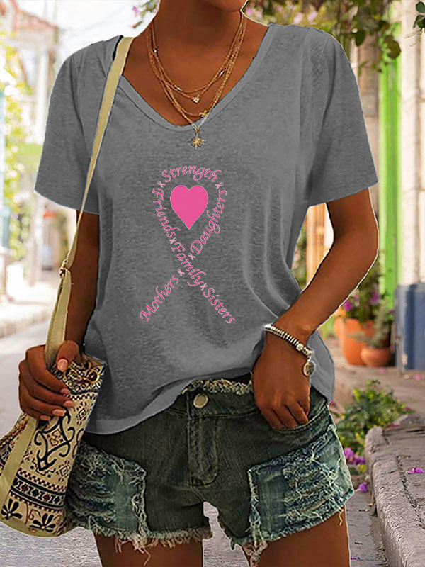 Pink Heart Ribbon V-neck Short Sleeve T-shirt