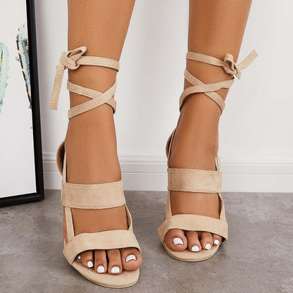 Lace Up Chunky Block High Heel Sandals Ankle Strap Dress Heels