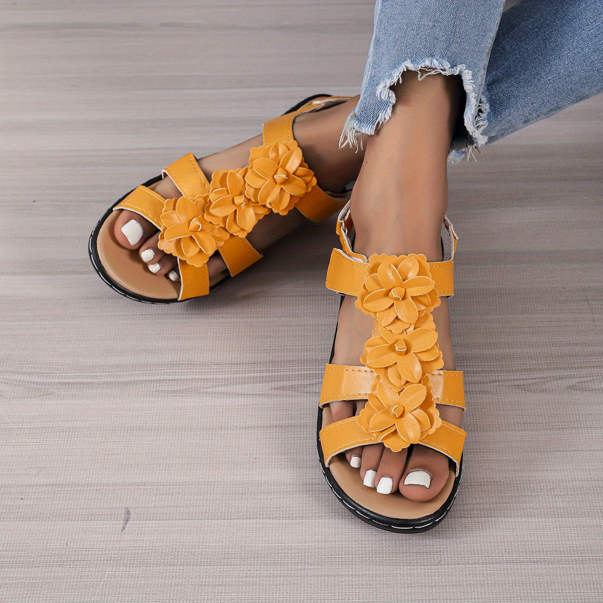 Women's Flower Decor T-Strap Sandals