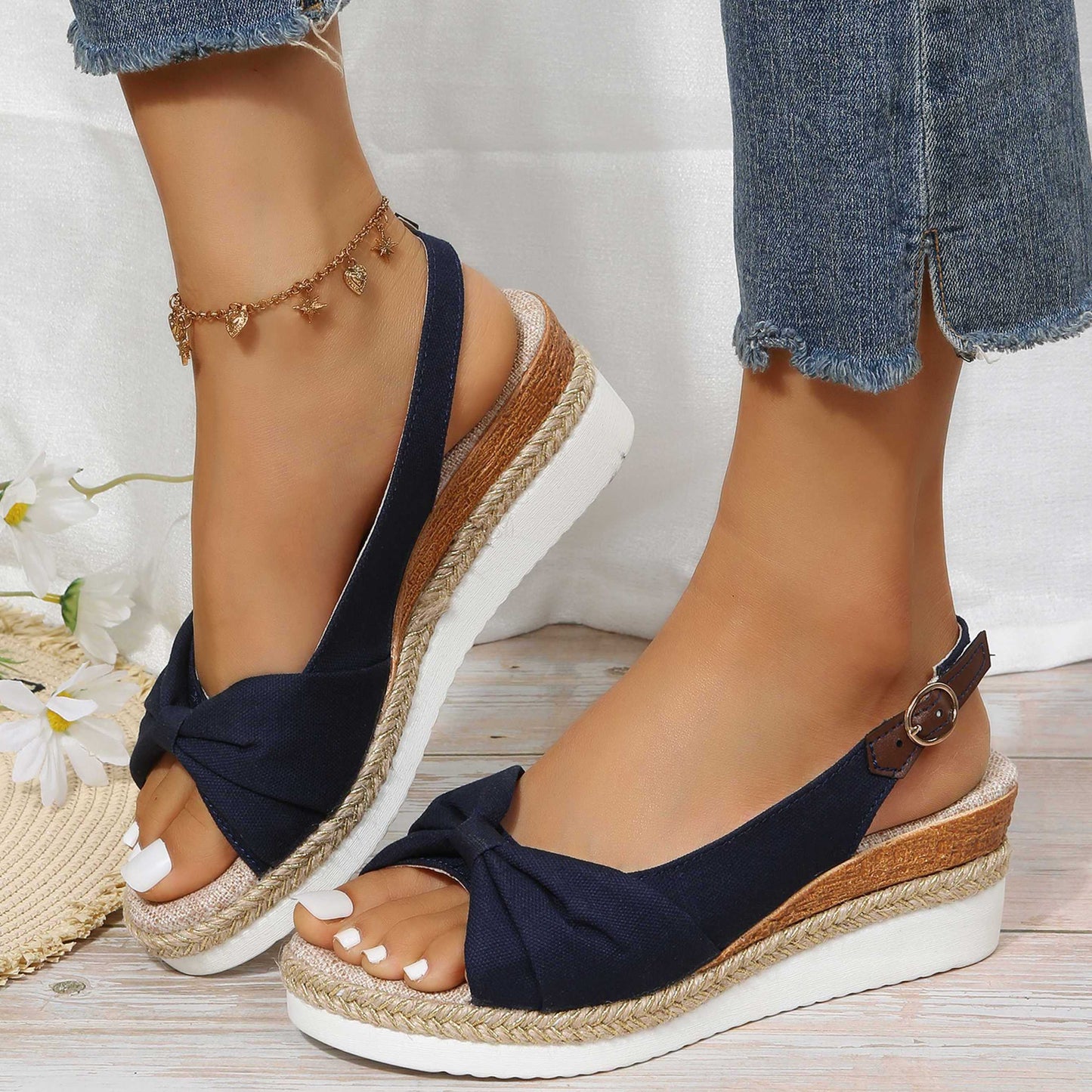 Peep Toe Slingback Wedge Sandals with Ankle Buckle Strap for Women