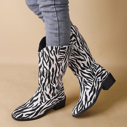 Women's Fashion Zebra Pattern Chunky Heel Mid-Calf Boots 69176573S