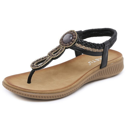 Boho Style Rhinestone T-Strap Sandals for Women - Perfect for Beach Vacations