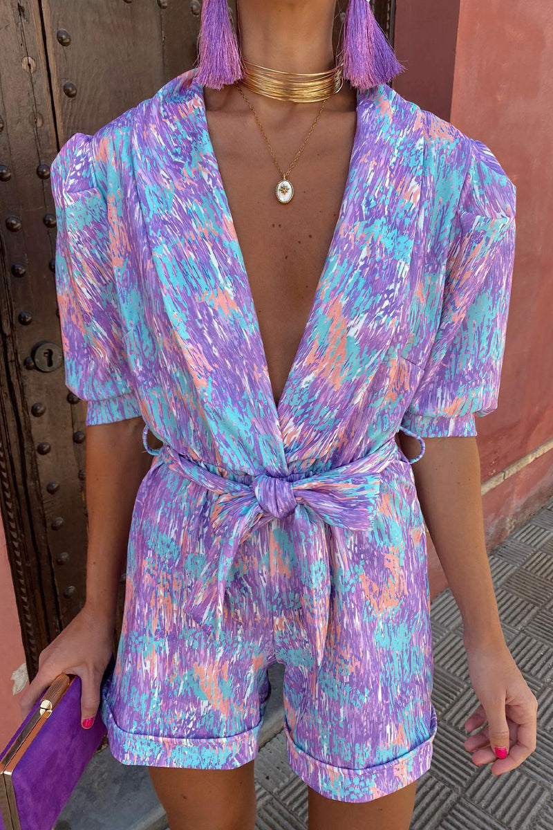 Casual Print Bandage Turn-back Collar Loose Jumpsuits