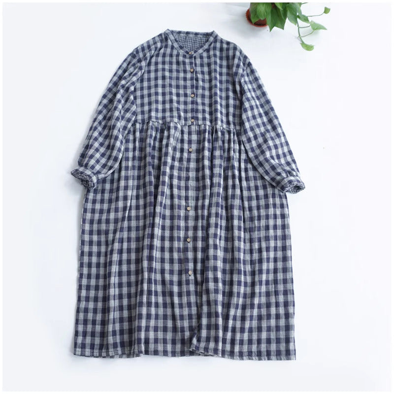 Turtleneck Check Cotton Midi Dress