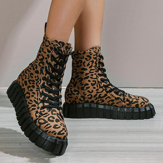 Women's Fashion Leopard Platform Lace-up Booties 99424932S