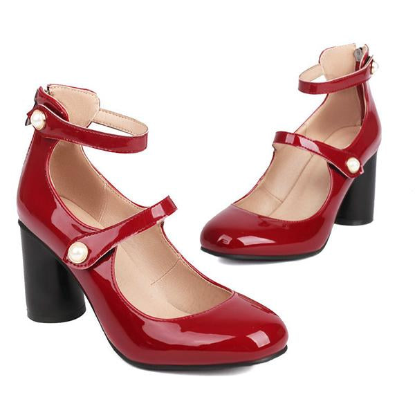 Women's Pearl Patent Leather Block Heel Mary Jane Shoes 43052574C