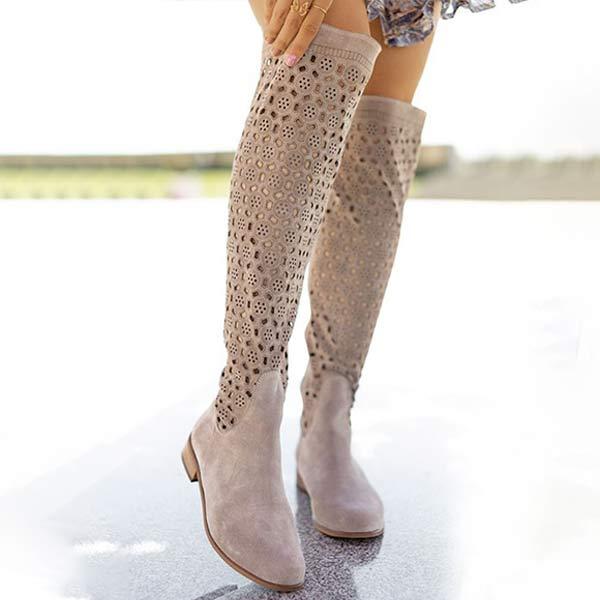 Women's Comfortable Low Heel Embossed Side Zipper Over-the-Knee Boots 65114439C
