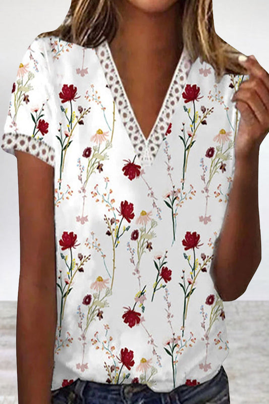 Work Elegant Floral Patchwork V Neck T-Shirts