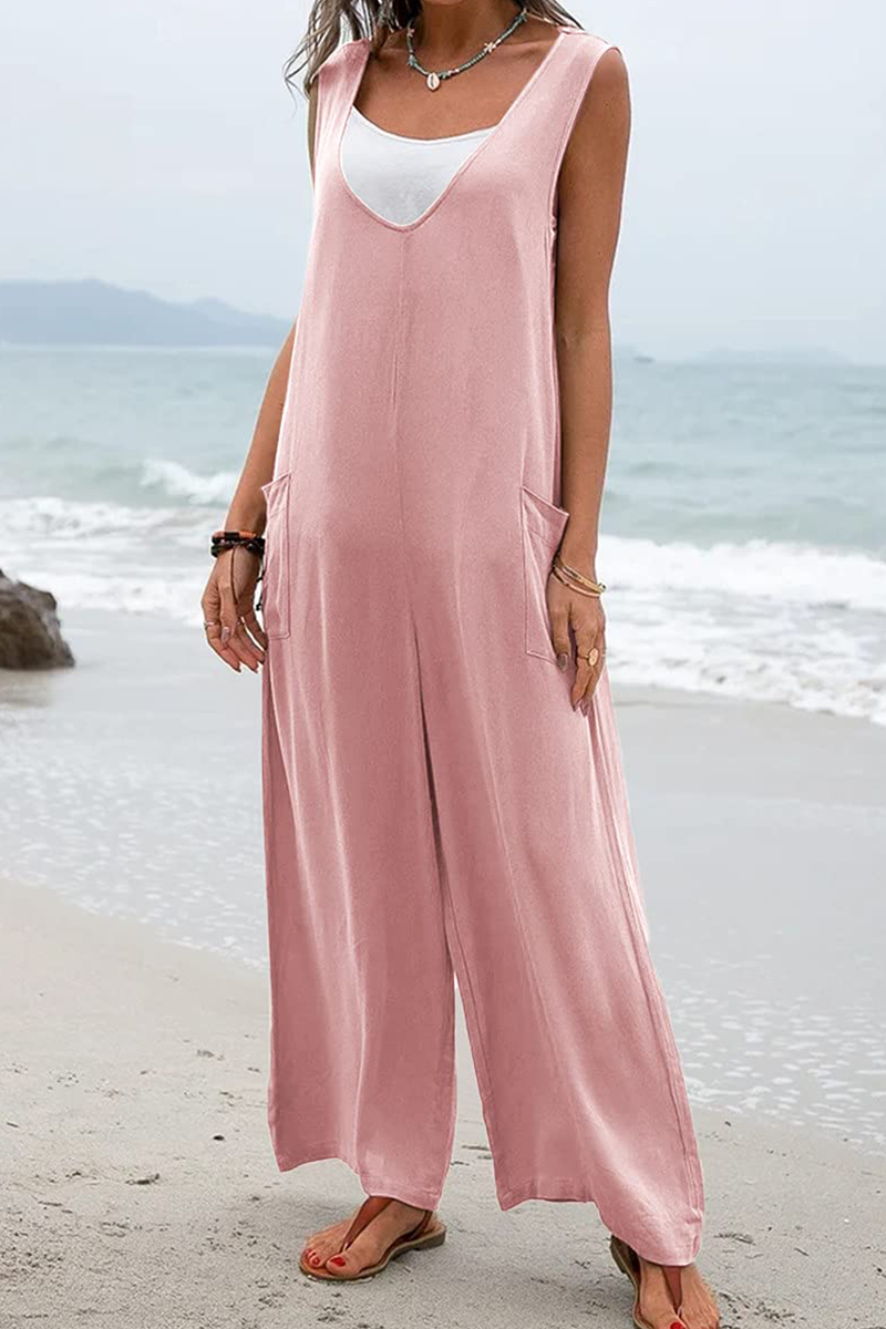 Casual Solid Patchwork U Neck Straight Jumpsuits