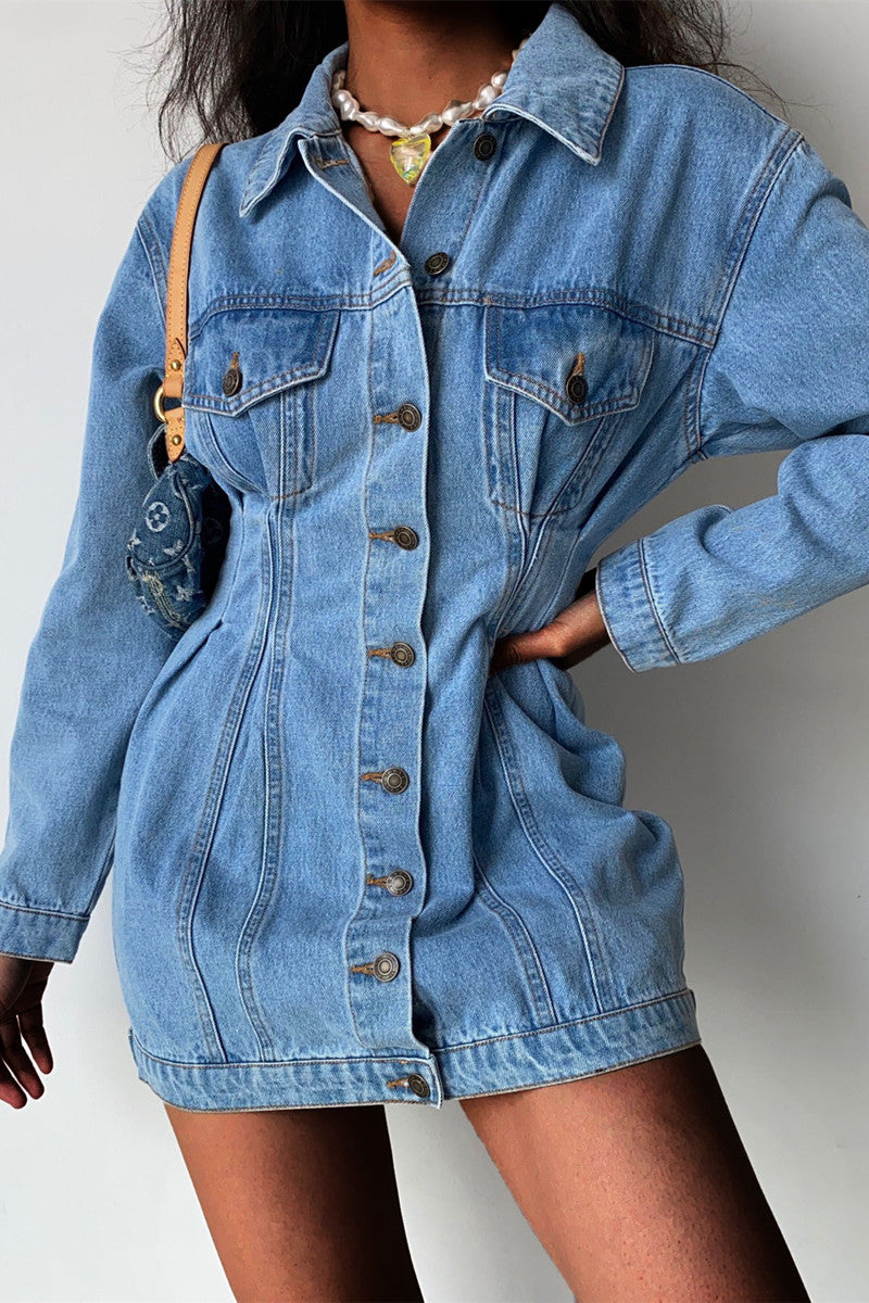 Fashion Casual Solid Split Joint Turndown Collar Long Sleeve Regular Denim Dresses