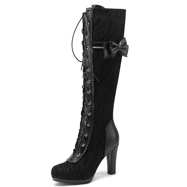 Women's High Heel Lace-Up Boots with Bow Tie and High Shaft 75942231C