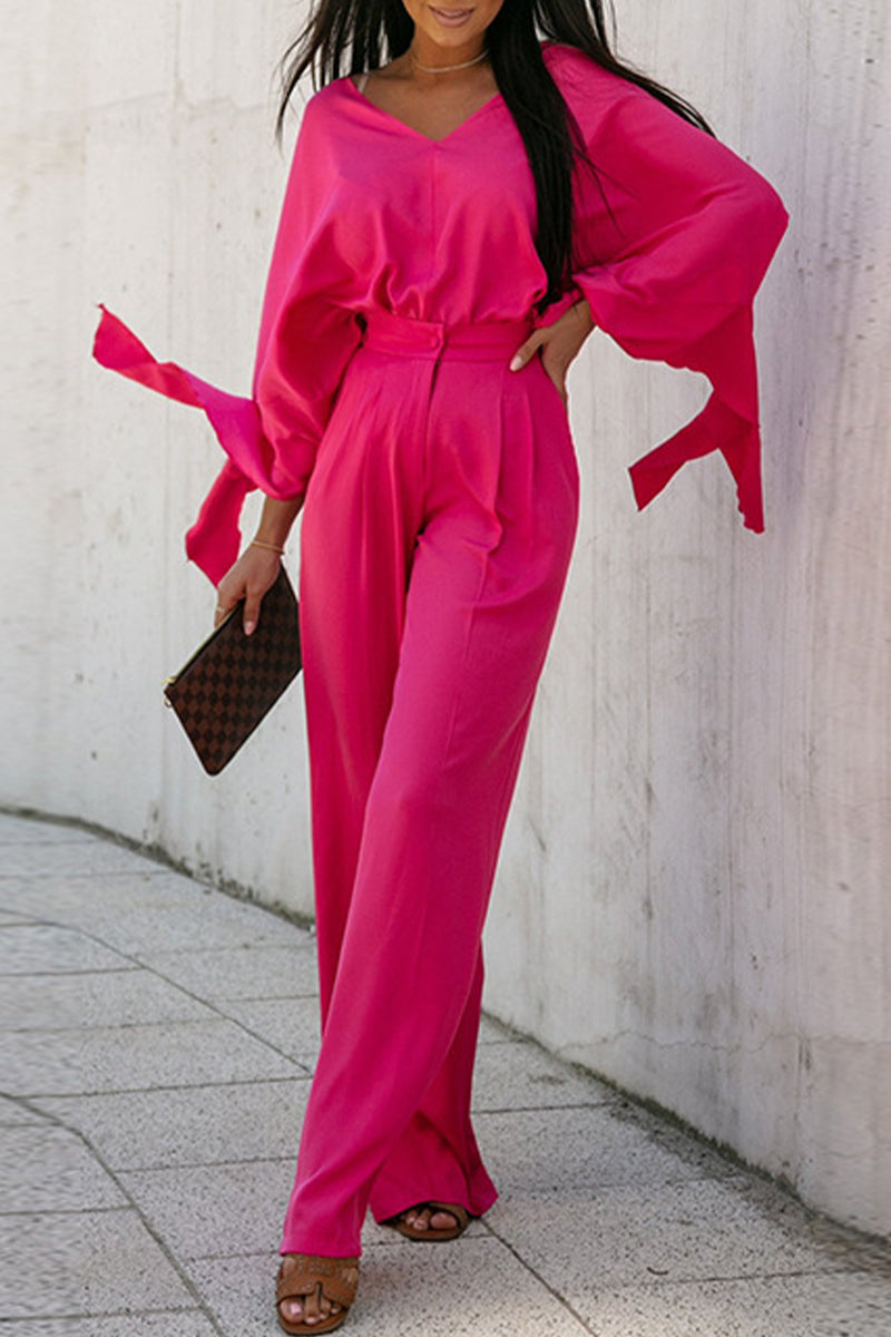 Casual Simplicity Solid With Bow V Neck Loose Jumpsuits