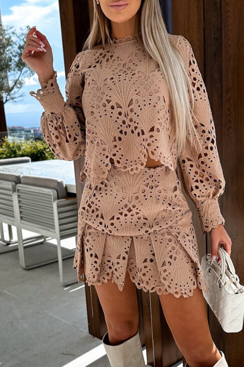 Celebrities Elegant Solid Lace Embroidered Hollowed Out O Neck Long Sleeve Two Pieces