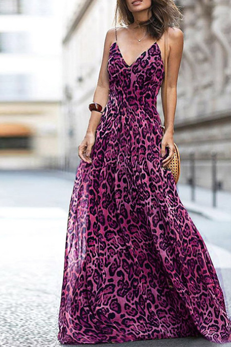 Sexy Leopard Split Joint Spaghetti Strap Cake Skirt Dresses