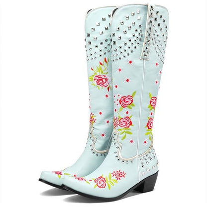 Women's Embroidered Studded High-Calf Mid-Heel Cowboy Boots 61919210C