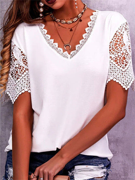 Lace Stitching Loose V-neck Short Sleeve T-shirt