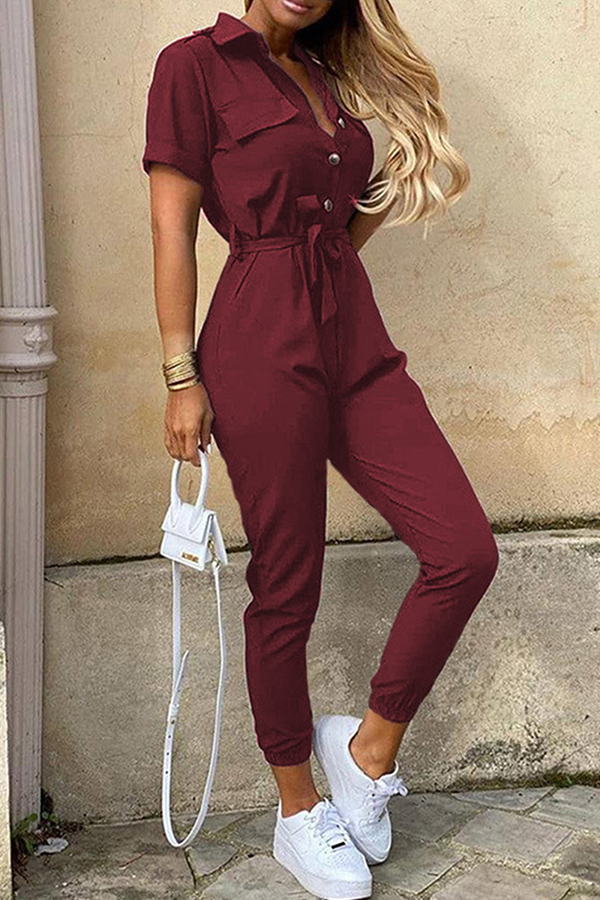 Casual Solid Buckle With Belt Turndown Collar Jumpsuits(12 Colors)