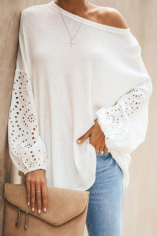 Casual Solid Hollowed Out Split Joint O Neck Tops(4 colors)