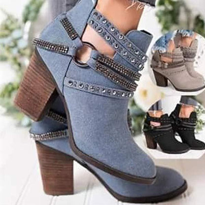 Women's Chunky Heel High Heel Low Tube Rivet Ankle Boots 23676202C