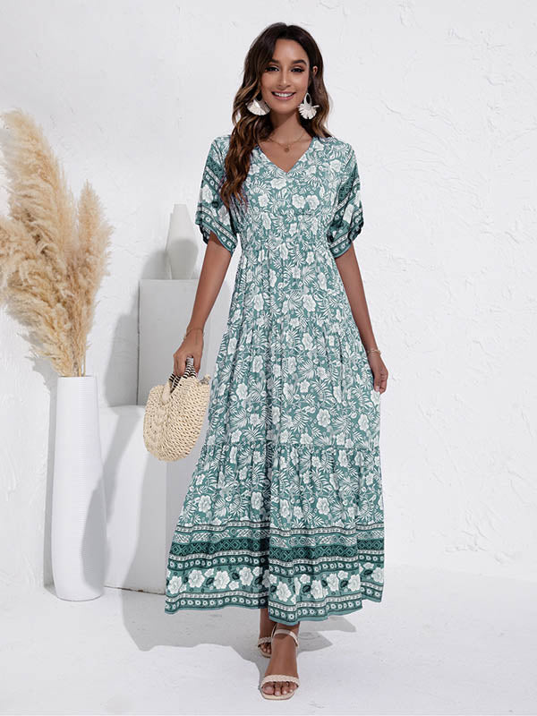 V-neck High Waist Floral Swing Dress