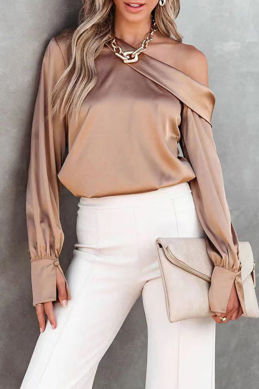 Casual Elegant Solid Patch Solid Color Oblique Collar Tops