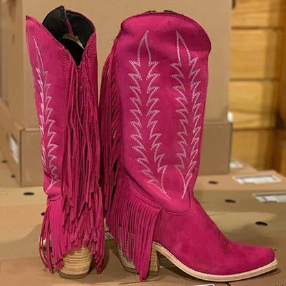 Women's Chunky Heel Side Zipper Tassel Cowboy Boots 85245484C