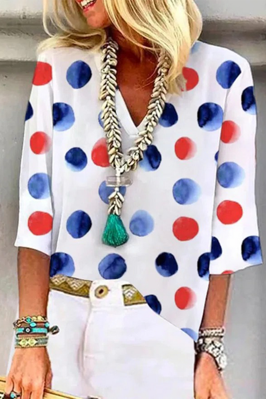 Casual Print Patchwork V Neck T-Shirts