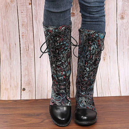 Women'S Ethnic Print Lace Up Side Zip Boots 96837984