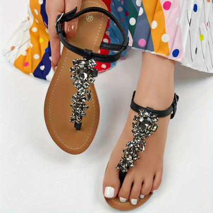 Rhinestone T-strap Flip Flop Sandals for Women - Open Toe Buckle Strap Shoes