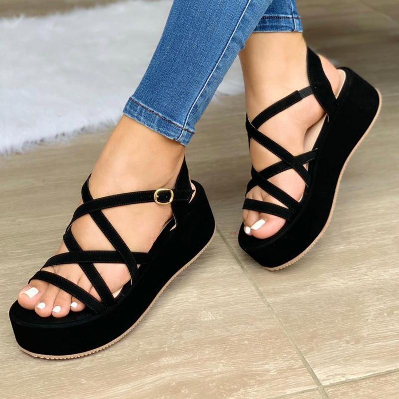 Women's Elegant Daily Pure Color Ajusting Buckle Platform Heel Sandals