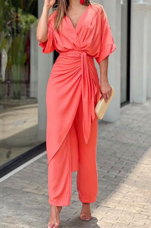 Casual Solid Frenulum V Neck Regular Jumpsuits(3 Colors)