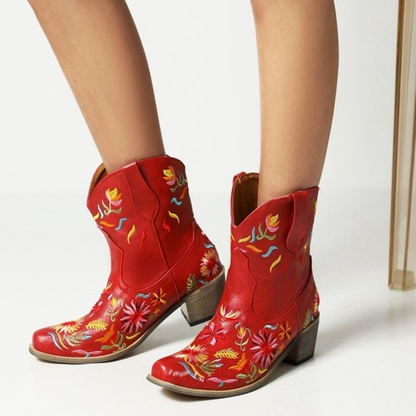 Embroidered Flowers Low-Heel Boots