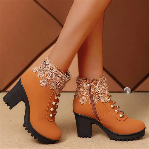 Women's Elegant Rhinestone Flower Lace Mid Heel Zipper Boots