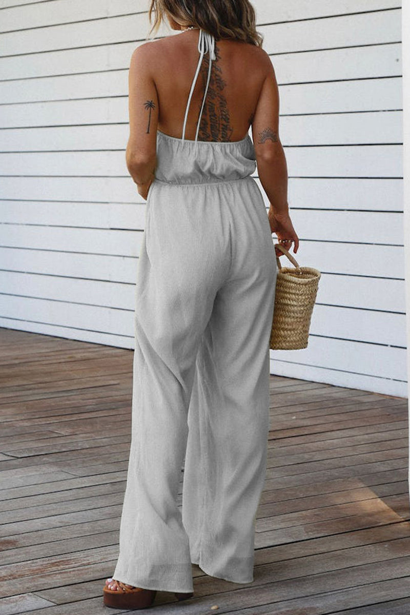 Casual Solid Backless V Neck Regular Jumpsuits