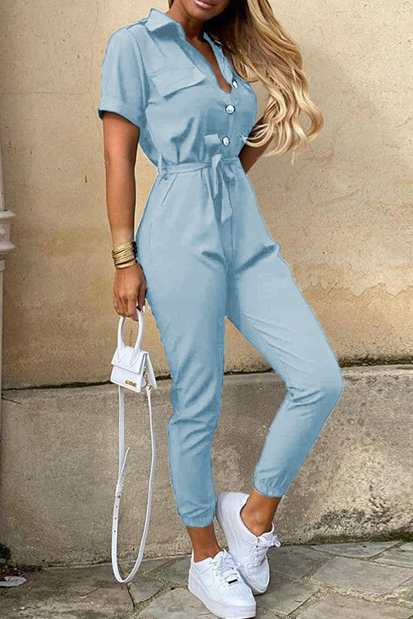 Casual Solid Buckle With Belt Turndown Collar Jumpsuits(12 Colors)