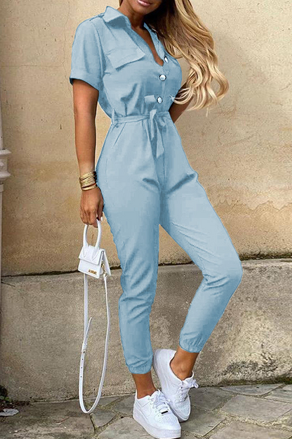 Casual Solid Buckle With Belt Turndown Collar Jumpsuits(12 Colors)