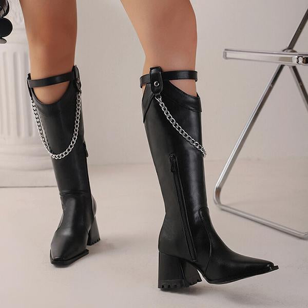 Women's Fashion Metal Chain Chunky Heel High Boots 33859209S