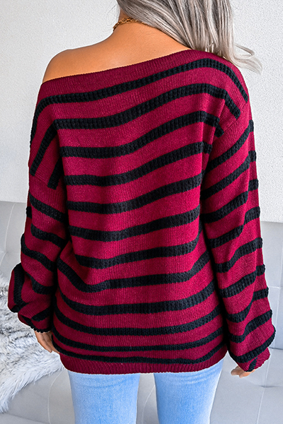 Casual Striped Split Joint  Contrast Off the Shoulder Tops