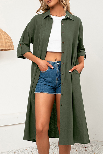 Casual Solid Split Joint Buckle Turndown Collar Shirt Dress Dresses