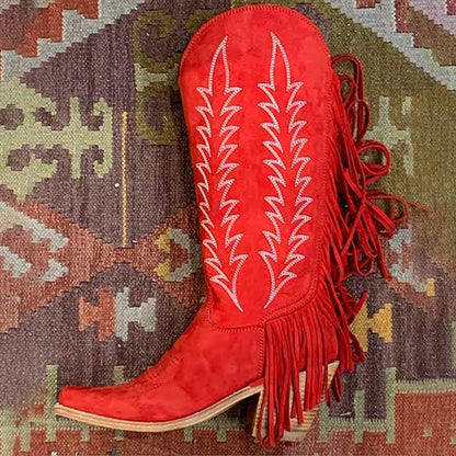 Women's Chunky Heel Side Zipper Tassel Cowboy Boots 85245484C