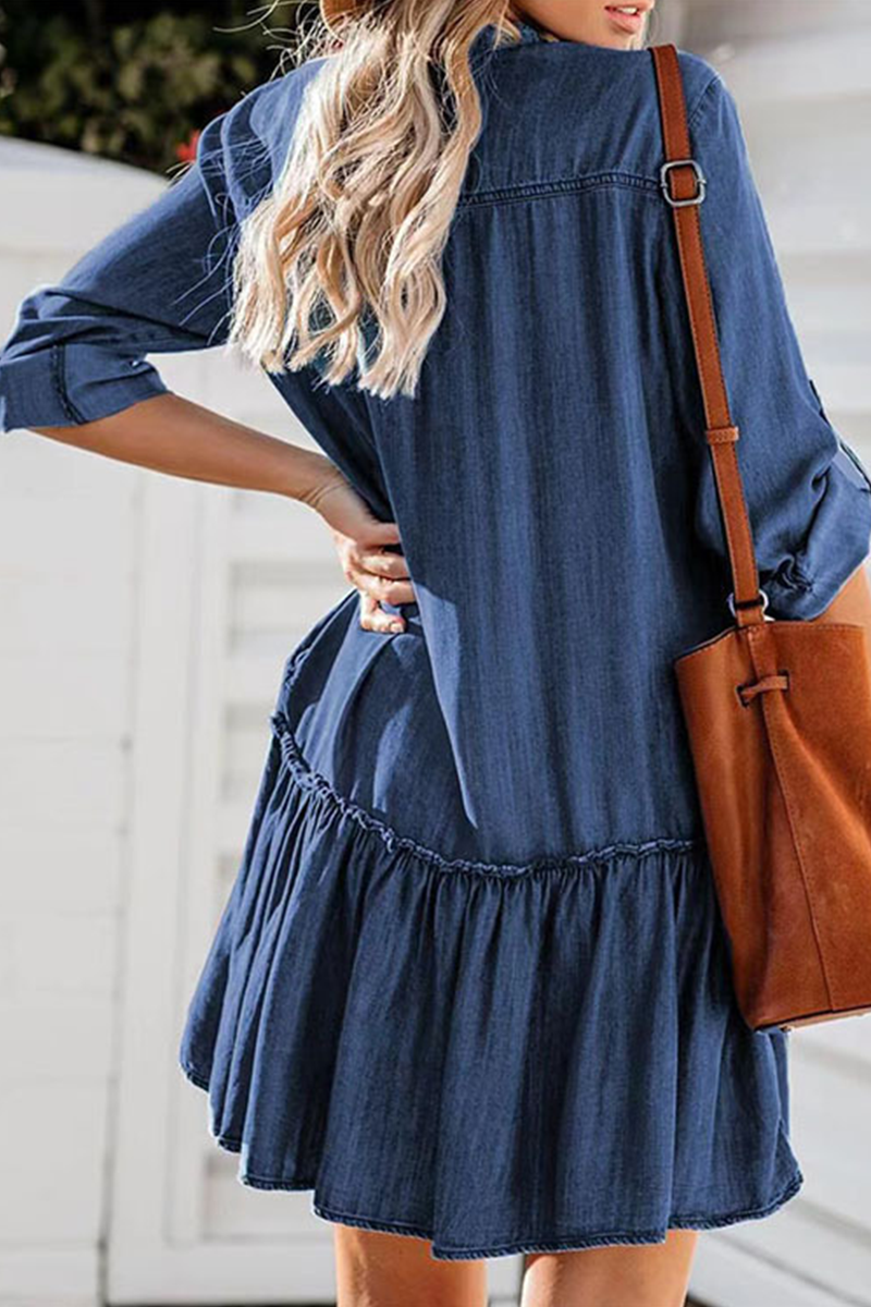 Casual Solid Flounce Turndown Collar Cake Skirt Dresses