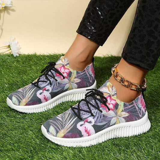 Women's Flat Lace-Up Flying Woven Breathable Printing Graffiti Casual Sneakers 43665814C